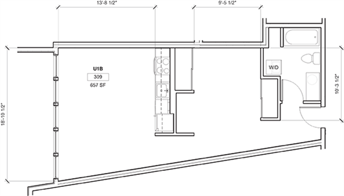Floor plan for 1 bed, 1 bath, 670 sqft