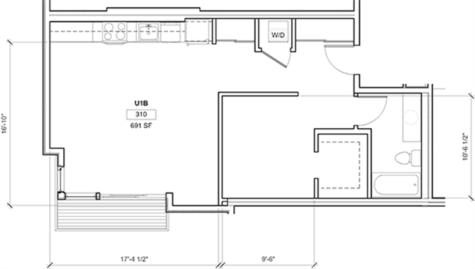 Floor plan for 1 bed, 1 bath, 651 sqft
