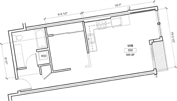 Floor plan for 1 bed, 1 bath, 609 sqft