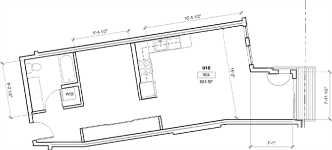 Floor plan for 1 bed, 1 bath, 674 sqft