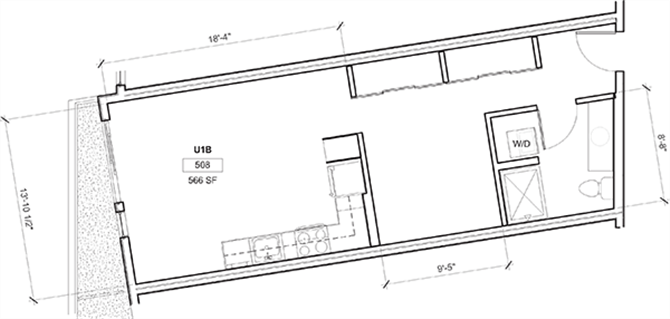 Floor plan for 1 bed, 1 bath, 613 sqft