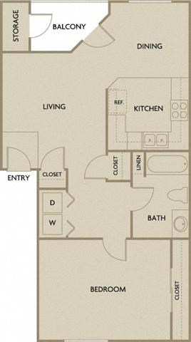 Floor plan for 1 bed, 1 bath, 747 sqft