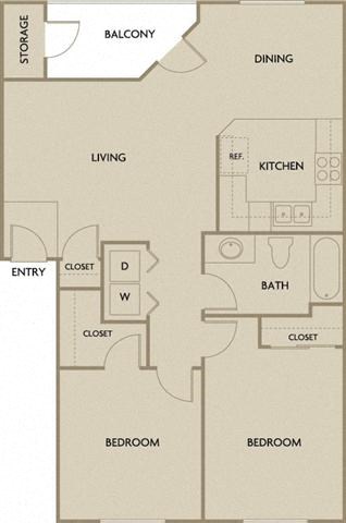 Floor plan for 2 beds, 1 bath, 901 sqft