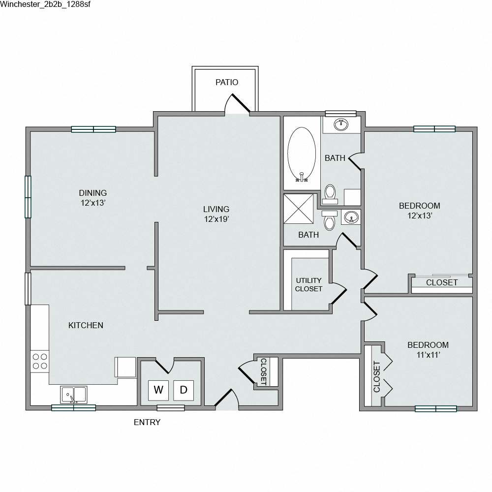 Floor plan for 2 beds, 2 baths, 1288 sqft