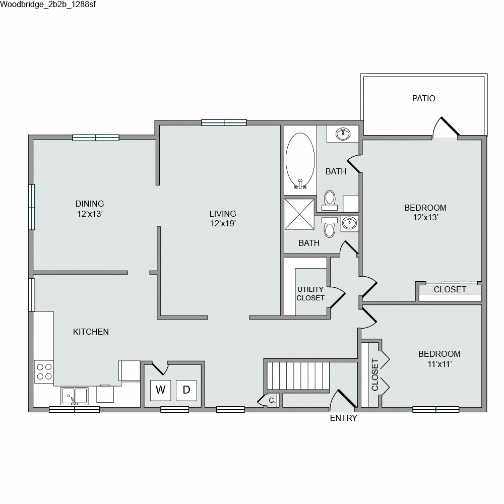 Floor plan for 2 beds, 2 baths, 1288 sqft