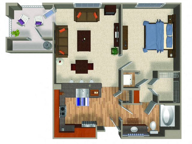 Floor plan for 1 bed, 1 bath, 762 sqft