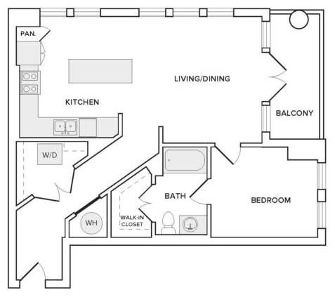 Floor plan for 1 bed, 1 bath, 855 sqft