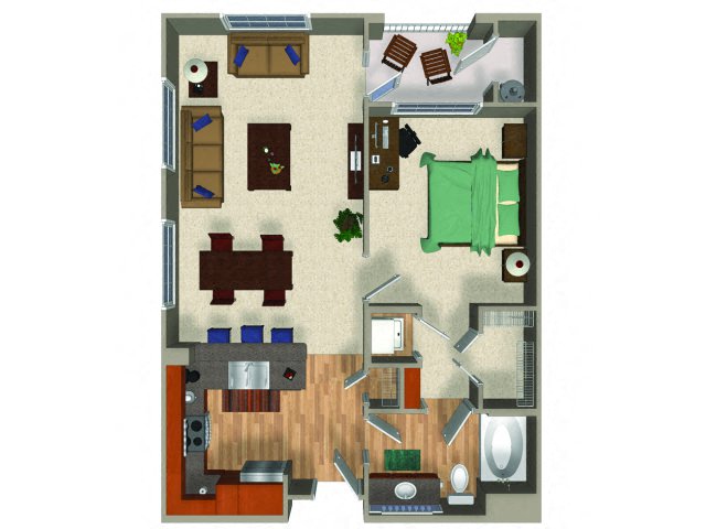 Floor plan for 1 bed, 1 bath, 763 sqft