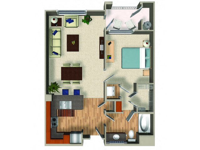 Floor plan for 1 bed, 1 bath, 771 sqft