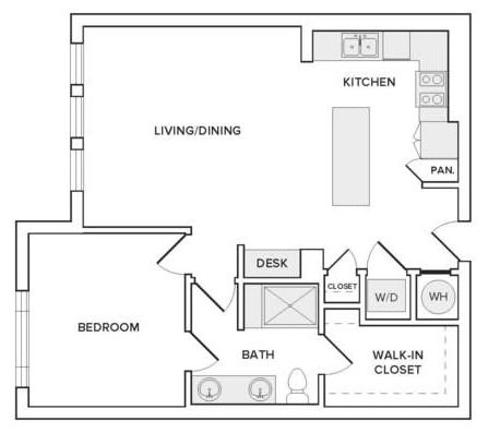 Floor plan for 1 bed, 1 bath, 863 sqft