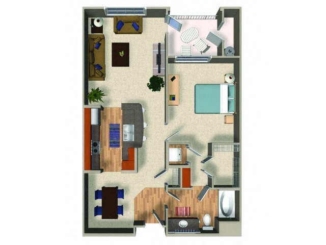 Floor plan for 1 bed, 1 bath, 873 sqft