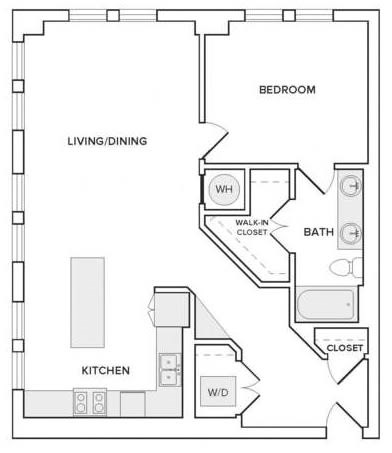 Floor plan for 1 bed, 1 bath, 967 sqft