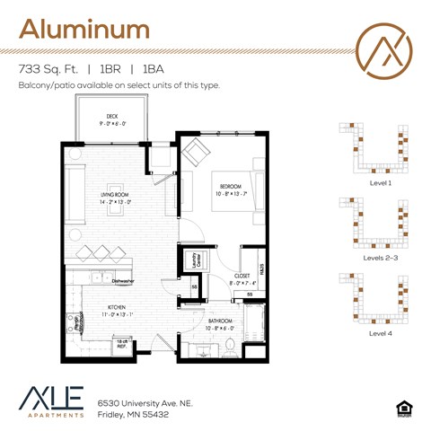 Floor plan for 1 bed, 1 bath, 733 sqft
