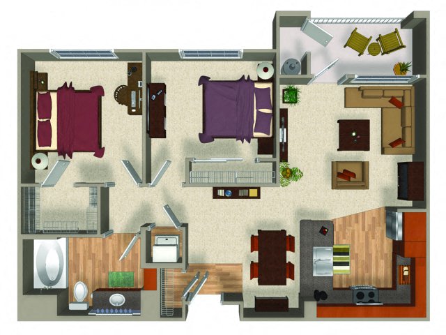 Floor plan for 2 beds, 1 bath, 914 sqft