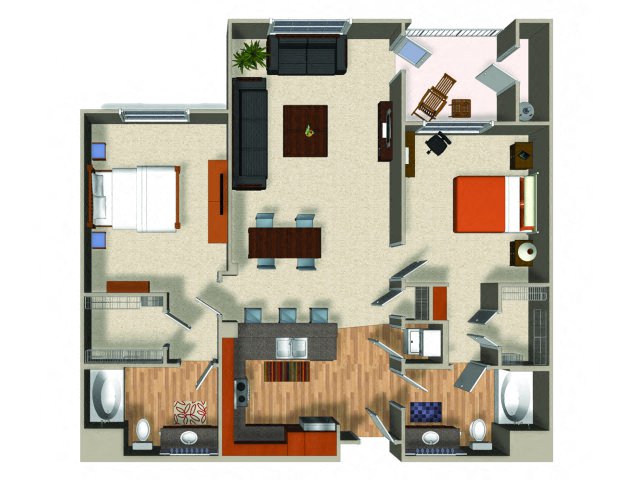 Floor plan for 2 beds, 2 baths, 1294 sqft
