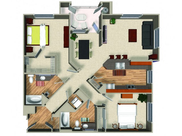 Floor plan for 2 beds, 2 baths, 1275 sqft