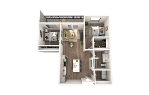 Floor plan for 2 beds, 1 bath, 887 sqft