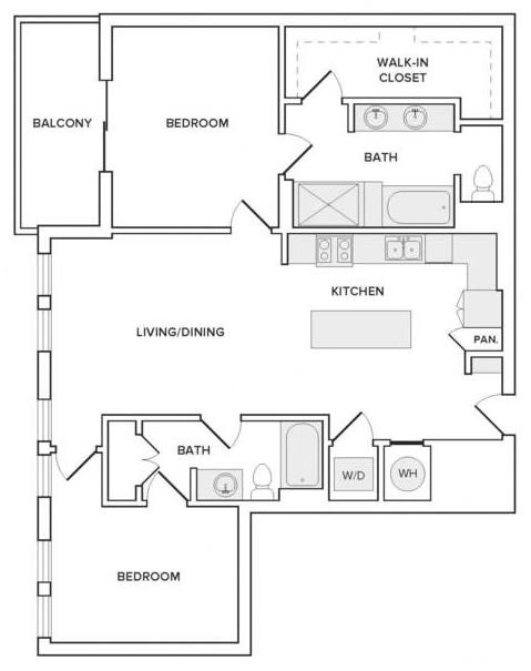 Floor plan for 2 beds, 2 baths, 1205 sqft