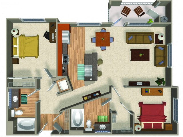 Floor plan for 2 beds, 2 baths, 1101 sqft