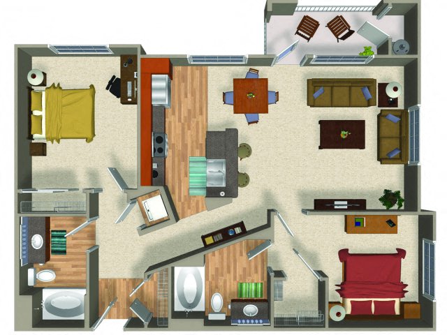 Floor plan for 2 beds, 2 baths, 1101 sqft