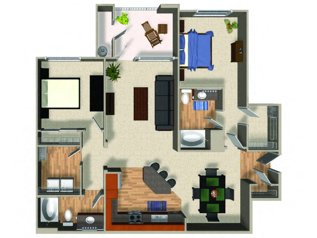 Floor plan for 2 beds, 2 baths, 1259 sqft