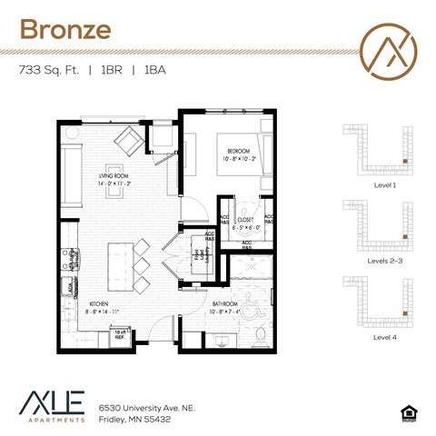 Floor plan for 1 bed, 1 bath, 733 sqft