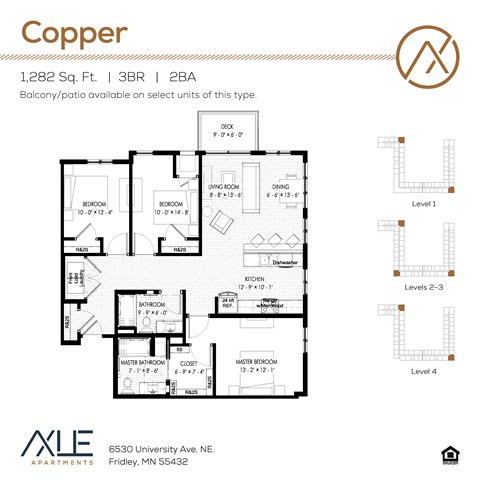 Floor plan for 3 beds, 2 baths, 1282 sqft