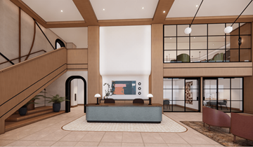 Allen apartment for rent - A modern living room with a staircase on the left and a sofa set in the center.