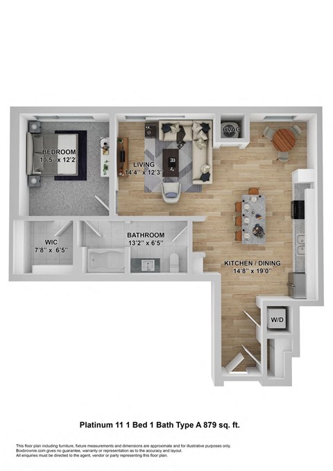 Floor plan for 1 bed, 1 bath, 879 sqft