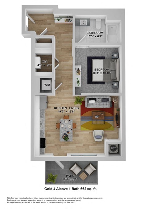 Floor plan for studio, 1 bath, 662 sqft