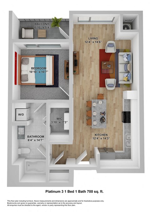 Floor plan for 1 bed, 1 bath, 700 sqft