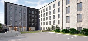 Portland apartment for rent - a computer generated image of a two story apartment building with a car parked in front of it