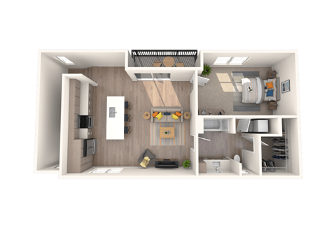 Floor plan for 1 bed, 1 bath, 838 sqft