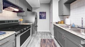 Augusta apartment for rent - Modern kitchen at Broad on the Green in Augusta, Georgia featuring stainless steel appliances and ample cabinet space