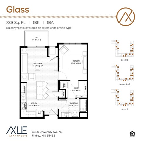 Floor plan for 1 bed, 1 bath, 733 sqft