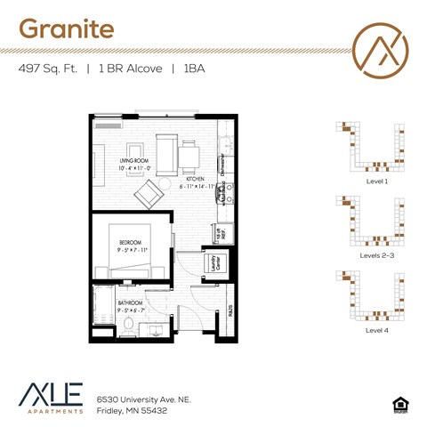 Floor plan for 1 bed, 1 bath, 497 sqft