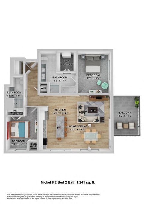 Floor plan for 2 beds, 2 baths, 1241 sqft