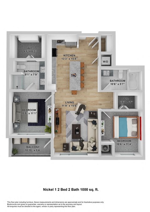Floor plan for 2 beds, 2 baths, 1000 sqft