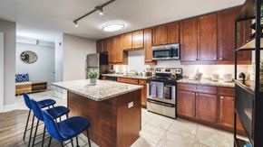 Des Plaines apartment for rent - A kitchen with wooden cabinets and a granite countertop.