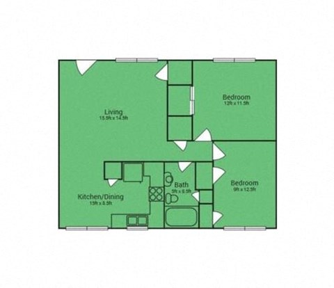 Floor plan for 2 beds, 1 bath, 850 sqft
