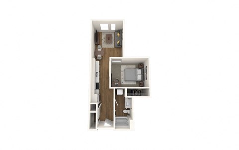 Floor plan for 1 bed, 1 bath, 596 sqft