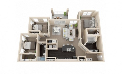 Floor plan for 3 beds, 2 baths, 1387 sqft