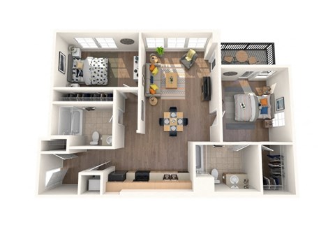 Floor plan for 2 beds, 2 baths, 1025 sqft