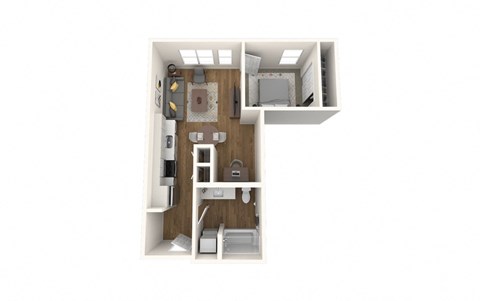 Floor plan for 1 bed, 1 bath, 569 sqft