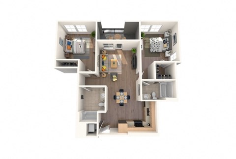 Floor plan for 2 beds, 2 baths, 1048 sqft