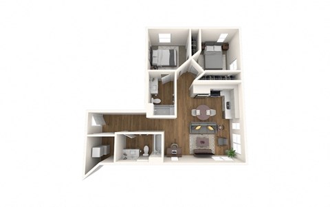 Floor plan for 2 beds, 2 baths, 889 sqft