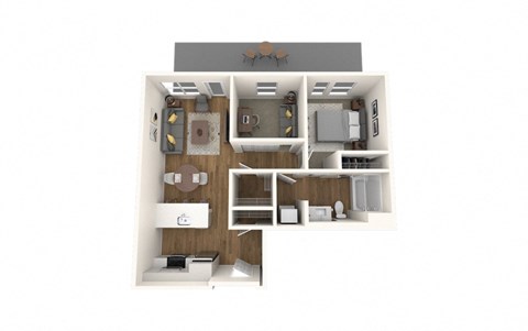 Floor plan for 2 beds, 1 bath, 769 sqft