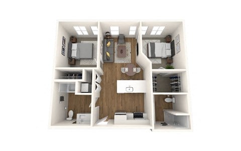 Floor plan for 2 beds, 2 baths, 881 sqft