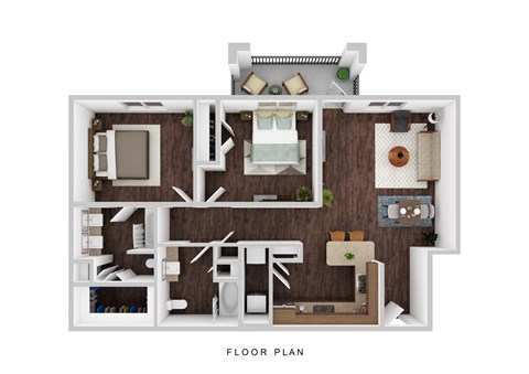 Floor plan for 2 beds, 2 baths, 1043 sqft