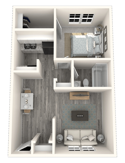 Floor plan for 1 bed, 1 bath, 651 sqft